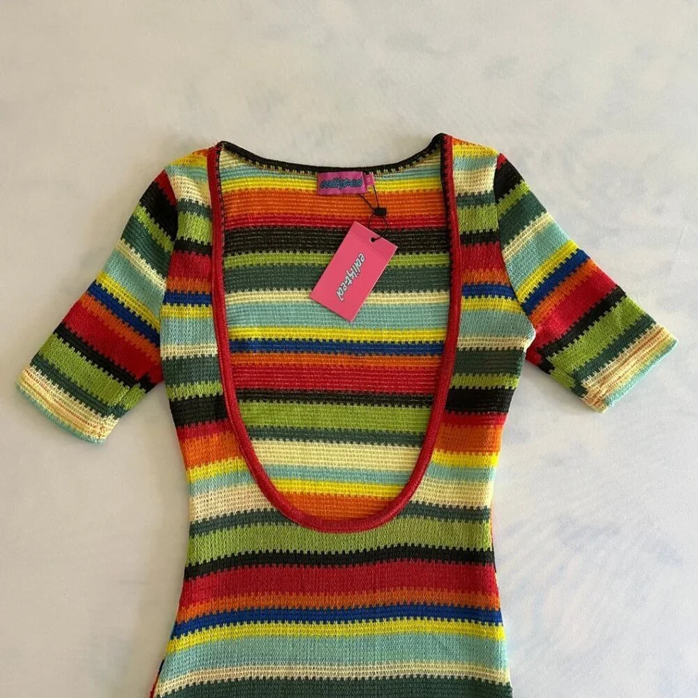 NWT Edikted Rainbow Striped Open Front Knit Coverup Dress - Picture 3 of 8